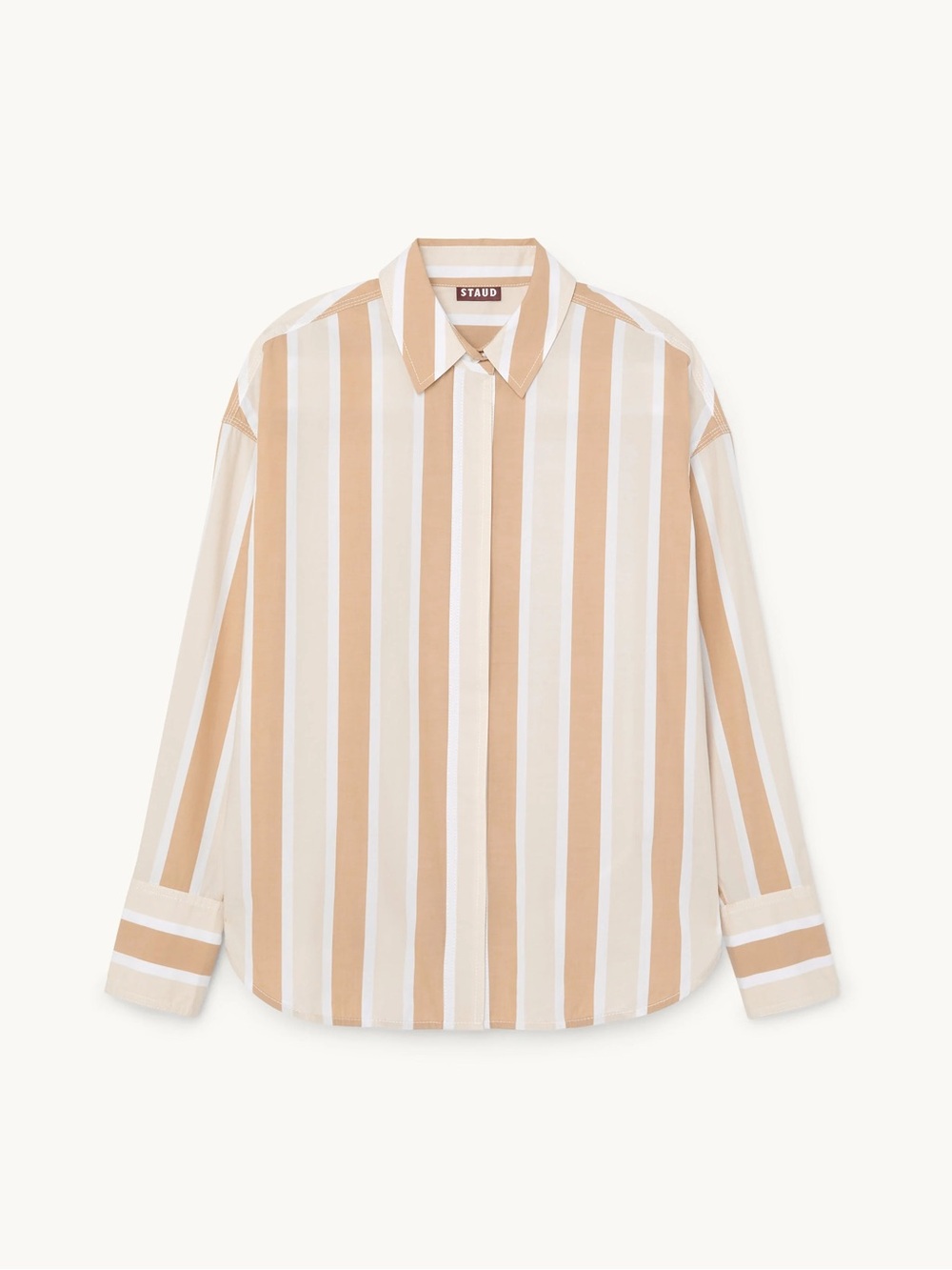 STAUD Beige and White Vertical Stripe Colton Shirt